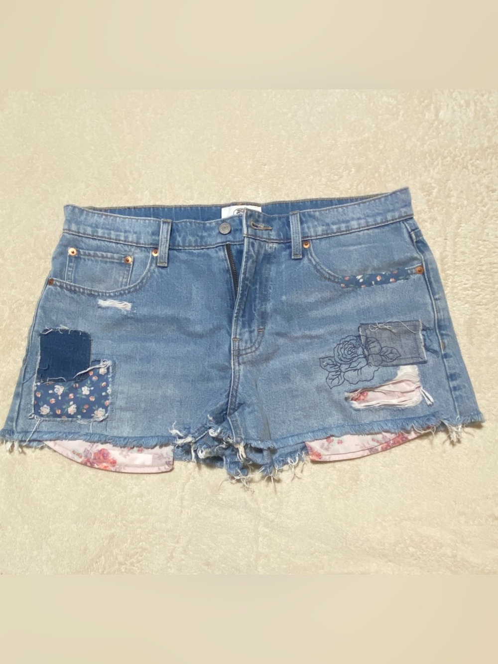 Lucky Brand Blue Denim Patchwork Floral-Trim Shorts